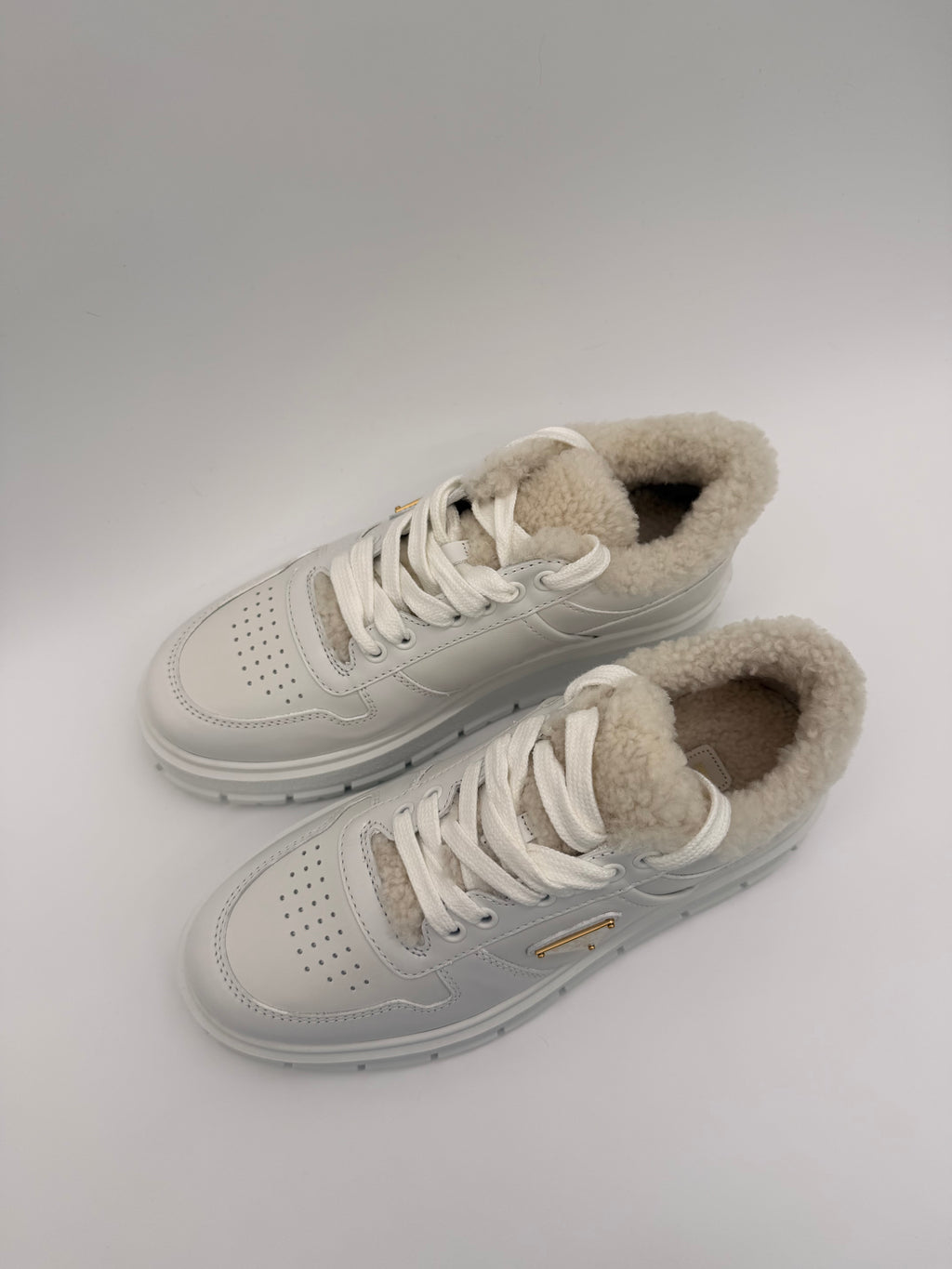 Prada White Leather Sneakers with Fur