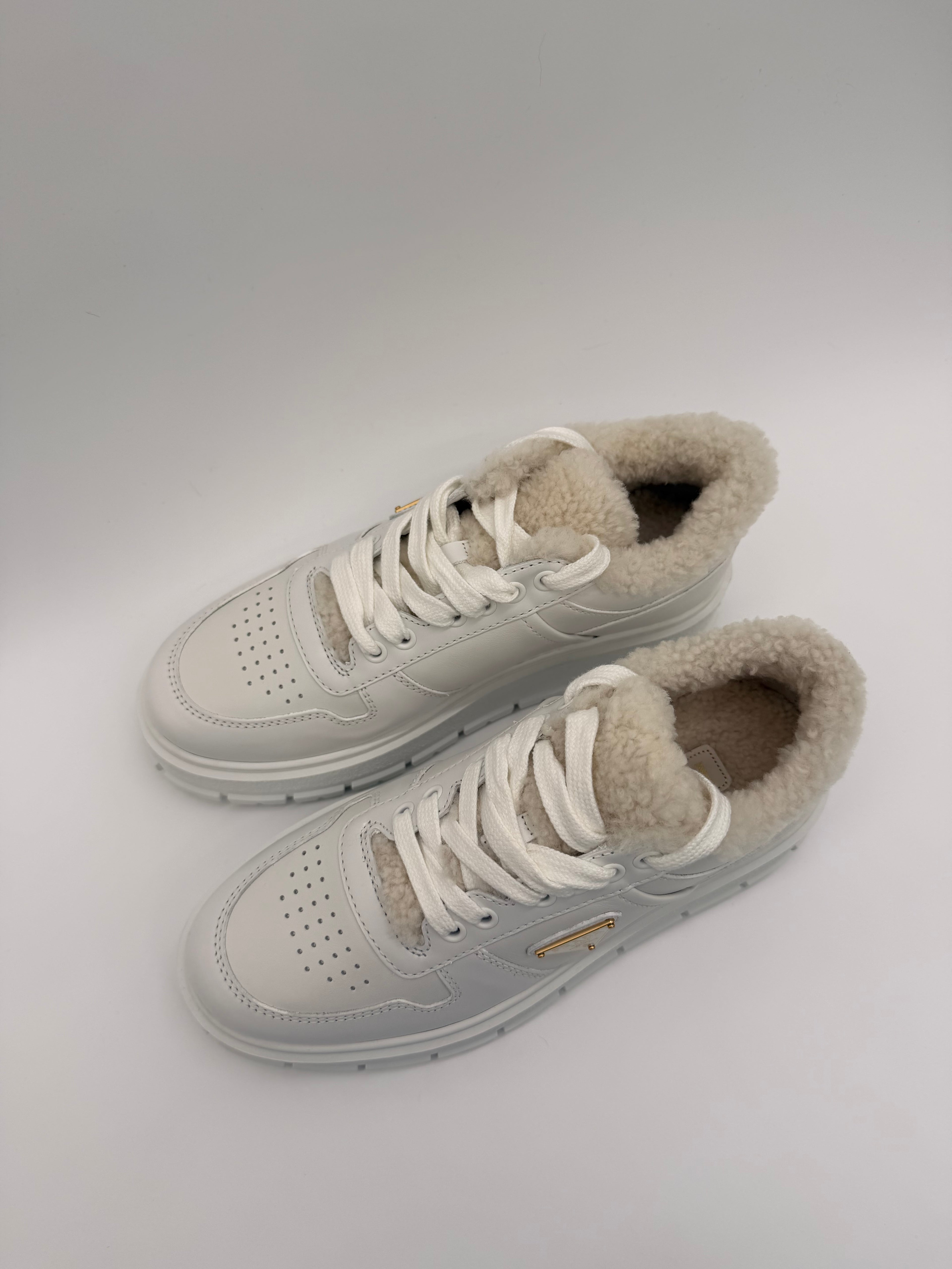 Prada White Leather Sneakers with Fur