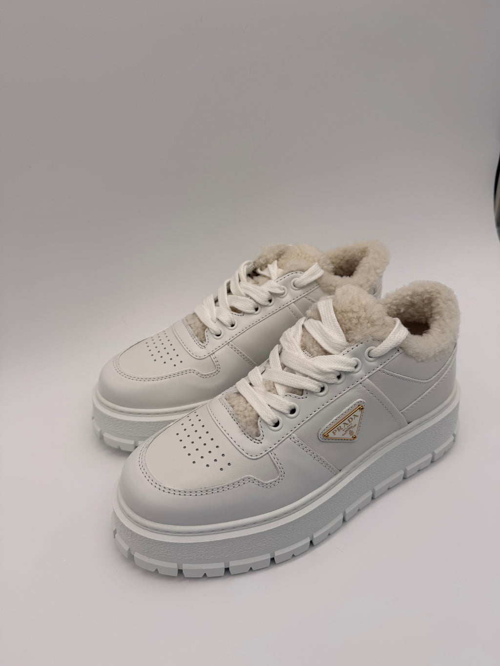 Prada White Leather Sneakers with Fur