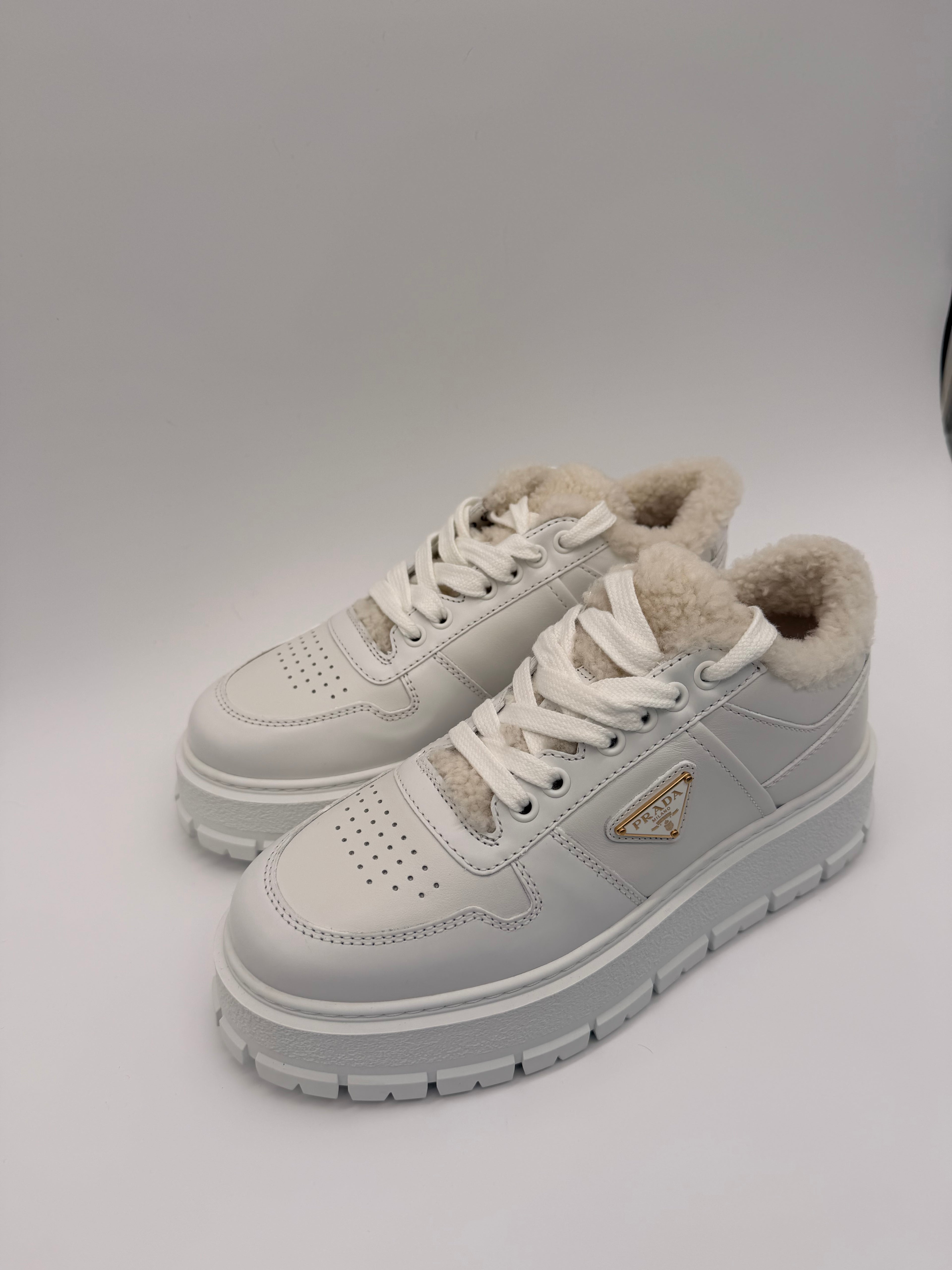 Prada White Leather Sneakers with Fur